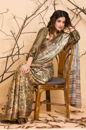 Lemon Yellow Floral Printed Semi Crepe Designer Saree