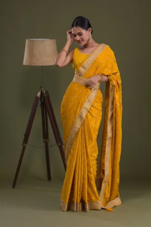 Mustard Sequins Semi Crepe Saree