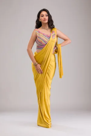 Mustard Threadwork Lycra Readymade Saree
