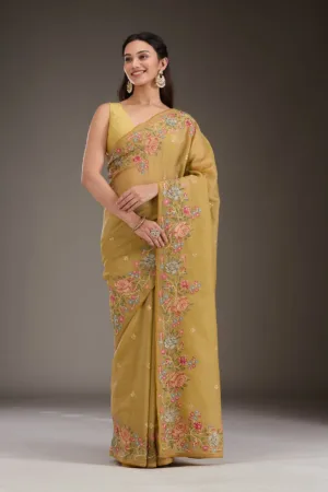 Mustard Threadwork Tissue Saree