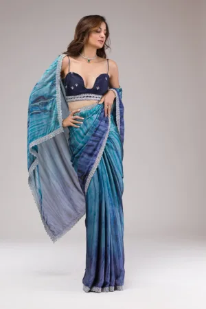 Navy Blue Printed Semi Crepe Saree