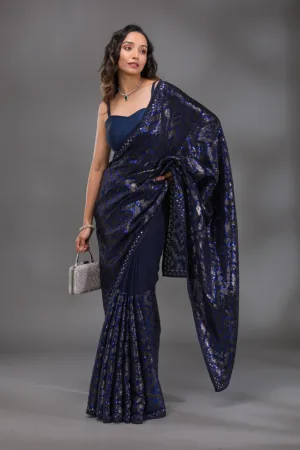Navy Blue Sequins Georgette Saree