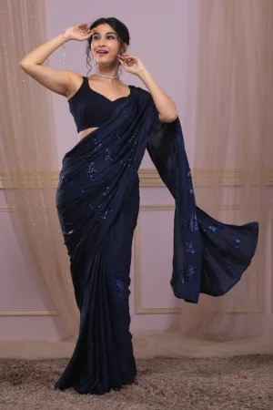 Navy Blue Sequins Semi Crepe Designer Saree