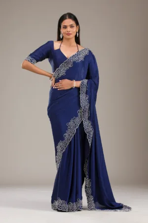 Navy Blue Swarovski Satin Saree