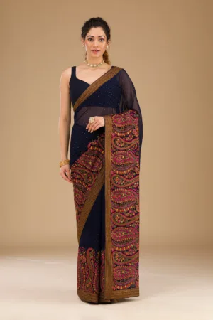 Navy Blue Threadwork Georgette Saree