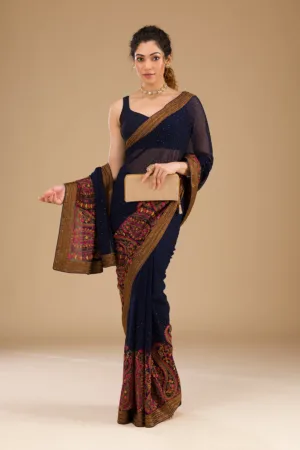 Navy Blue Threadwork Georgette Saree