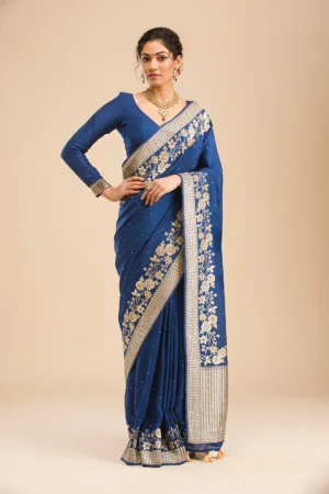 Navy Blue Zariwork Banarasi Silk Saree