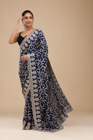 Navy Blue Zariwork Georgette Saree