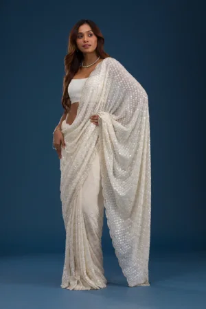 Off White Sequins Georgette Saree