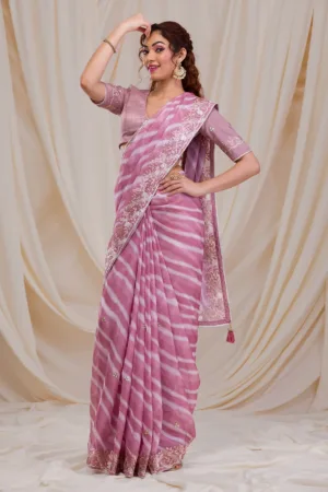 Onion Pink Lehriya Printed Semi Crepe Saree