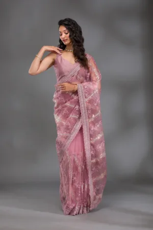 Onion Pink Sequins Net Saree