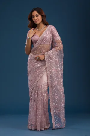 Onion Pink Sequins Net Saree