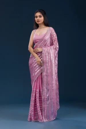 Onion Pink Sequins Semi Crepe Saree
