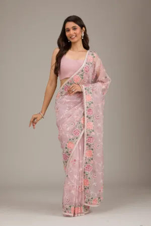 Onion Pink Threadwork Organza Saree