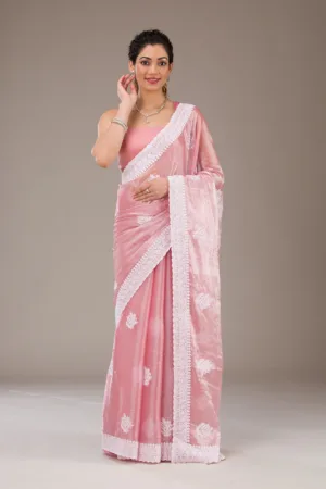 Onion Pink Threadwork Tissue Saree