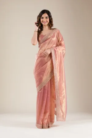 Peach Stonework Tissue Saree