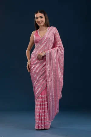 Peach Sequins Semi Crepe Saree