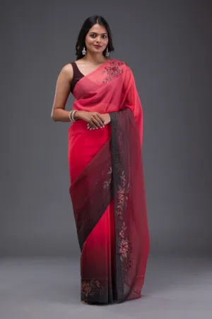 Peach Swarovski Satin Saree