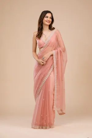 Peach Threadwork Chiffon Saree