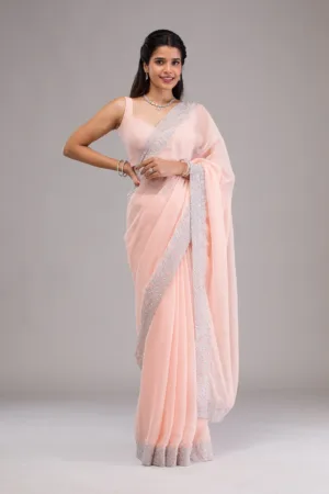 Peach Threadwork Georgette Saree