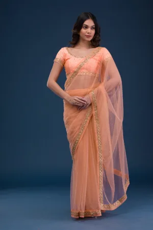 Peach Zariwork Net Saree