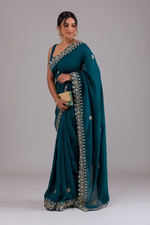 Peacock Blue Zariwork Raw Silk Designer Saree