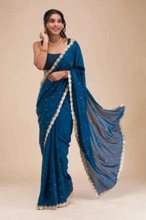 Peacock Blue Gotapatti Raw Silk Saree