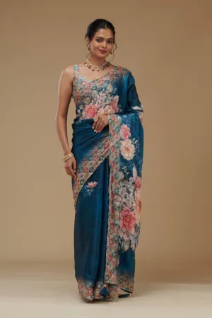 Peacock Blue Printed Tissue Saree