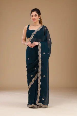 Peacock Blue Sequins Tissue Saree