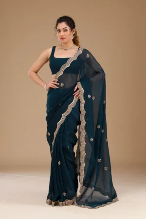 Peacock Blue Sequins Tissue Saree