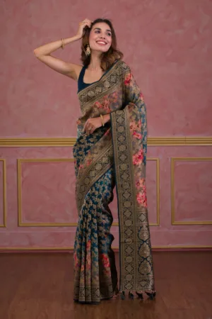 Peacock Blue Swarovski Art Silk Saree
