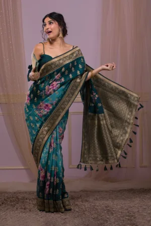 Peacock Blue Swarovski Art Silk Saree