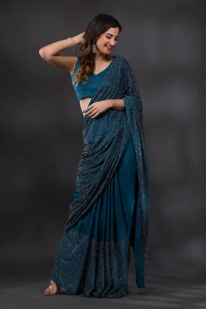 Peacock Blue Swarovski Semi Crepe Designer Saree