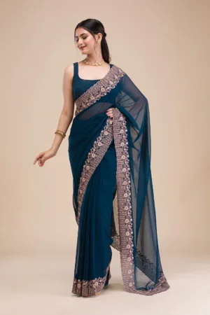 Peacock Blue Zariwork Georgette Saree