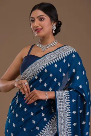 Peacock Blue Zariwork Raw Silk Saree
