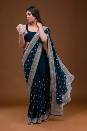 Peacock Blue Zariwork Raw Silk Saree