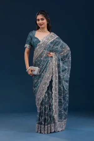 Peacock Blue Zariwork Tissue Saree