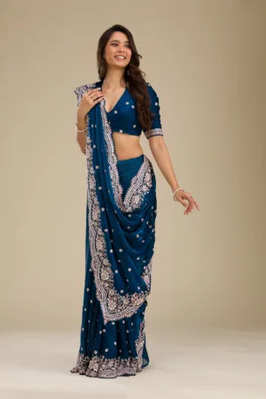 Peacock Blue Zariwork Velvet Saree