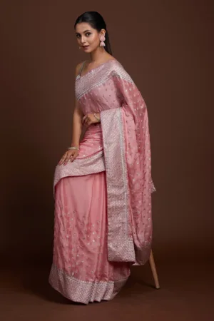 Pink Zariwork Semi Crepe Designer Saree