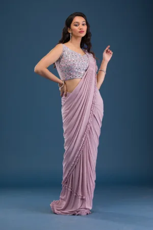 Pink Mirrorwork Lycra Readymade Saree