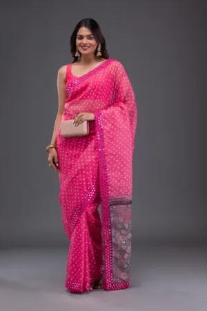 Pink Printed Satin Saree