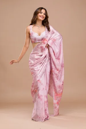 Pink Printed Satin Saree