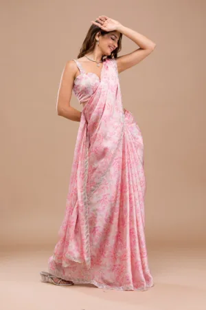 Pink Printed Satin Saree