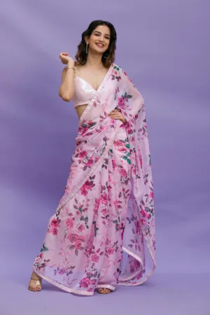 Pink Floral Printed Organza Designer Saree