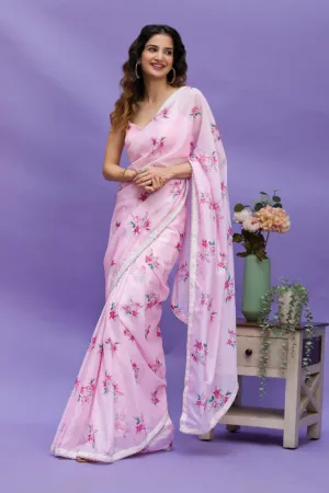 Pink Floral Printed Organza Designer Saree