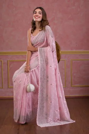 Pink Stonework Semi Crepe Designer Saree