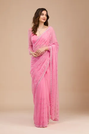 Pink Threadwork Chiffon Saree