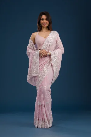 Pink Threadwork Georgette Saree