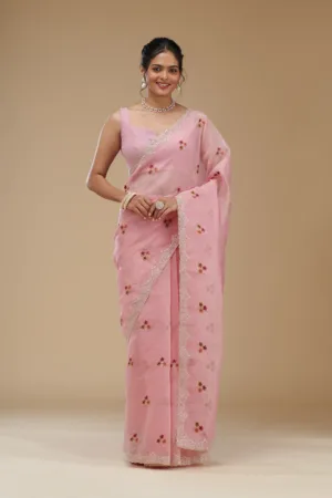 Pink Threadwork Tissue Saree