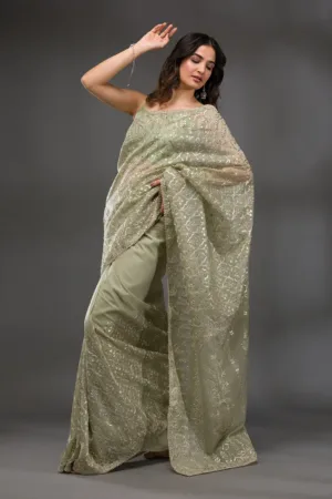 Pista Green Gotapatti Organza Saree
